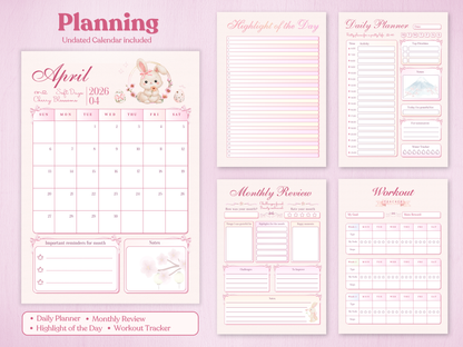 Planning pages for April: undated monthly calendar, daily planner with time schedule, monthly review with gratitude section, and highlight of the day tracker. Decorated with sakura blossoms and a cute bunny