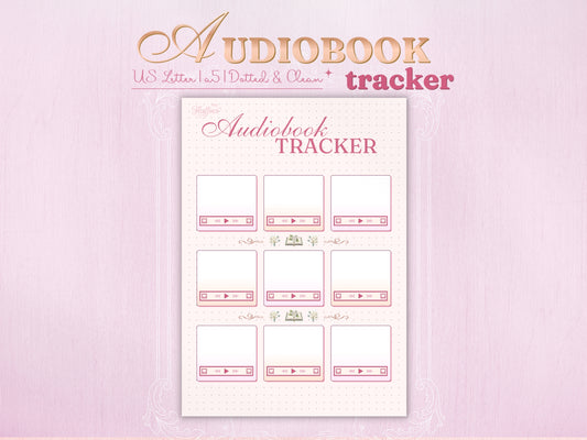 Audiobook tracker page designed with a cute digital player interface. Features nine individual frames for book covers, each with stylized play, pause, and skip buttons. Aesthetic pink layout with delicate flower and open book illustrations on a classic bullet journal dotted background.