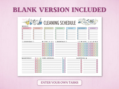 The blank template version of the household cleaning schedule layout chart template with empty lines under the weekly, monthly, and yearly sections. Headline reads 'Blank Version Included' and a bottom button notes 'Enter Your Own Tasks'.