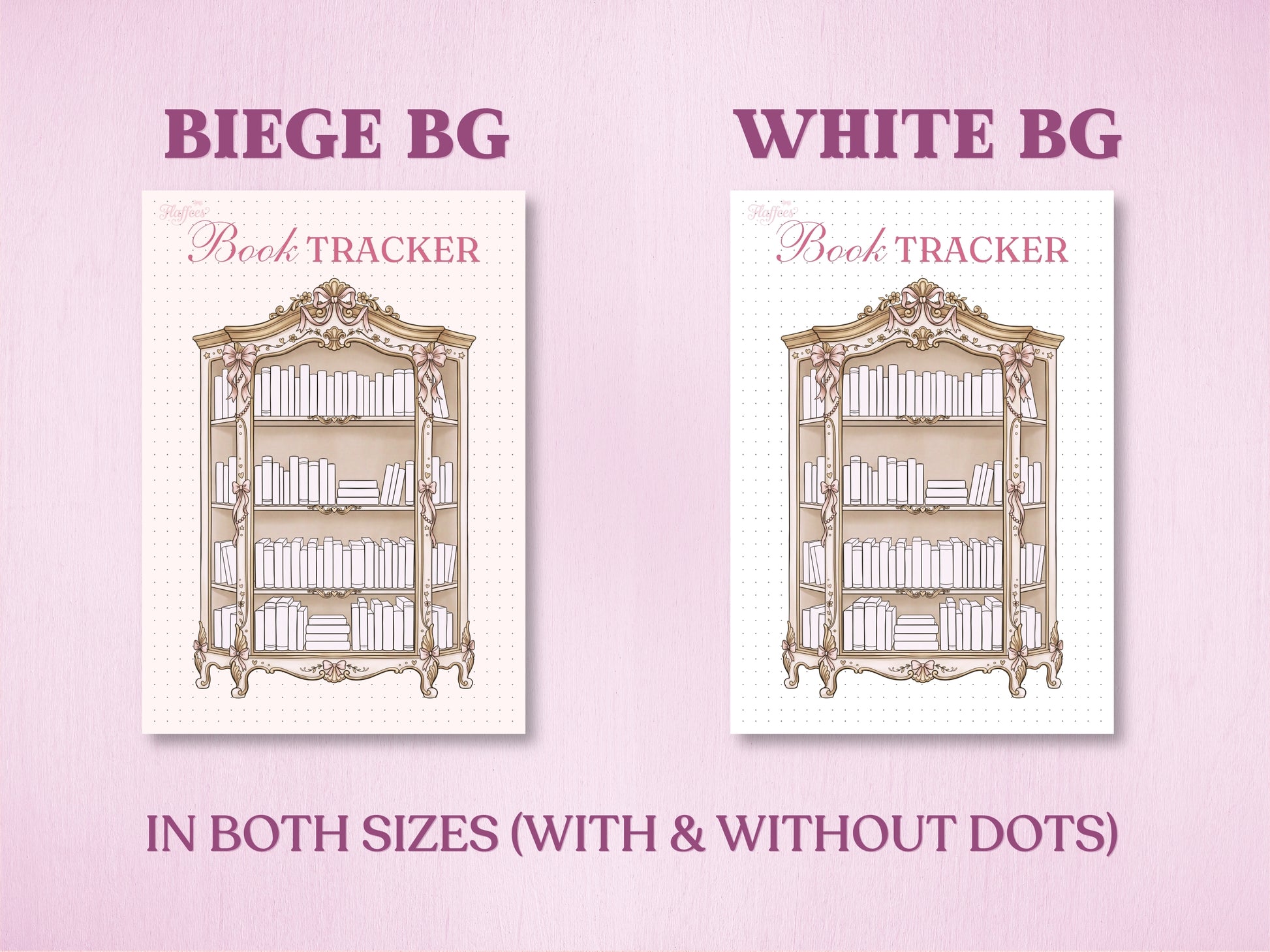 Product presentation layout showing two background color variants for the vintage book cabinet tracker in a bullet journal: Beige Background (Beige BG) and White Background (White BG). Labeled with 'IN BOTH SIZES (WITH & WITHOUT DOTS)' at the bottom.