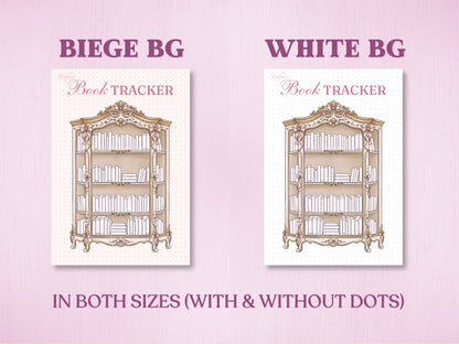 Product presentation layout showing two background color variants for the vintage book cabinet tracker in a bullet journal: Beige Background (Beige BG) and White Background (White BG). Labeled with 'IN BOTH SIZES (WITH & WITHOUT DOTS)' at the bottom.