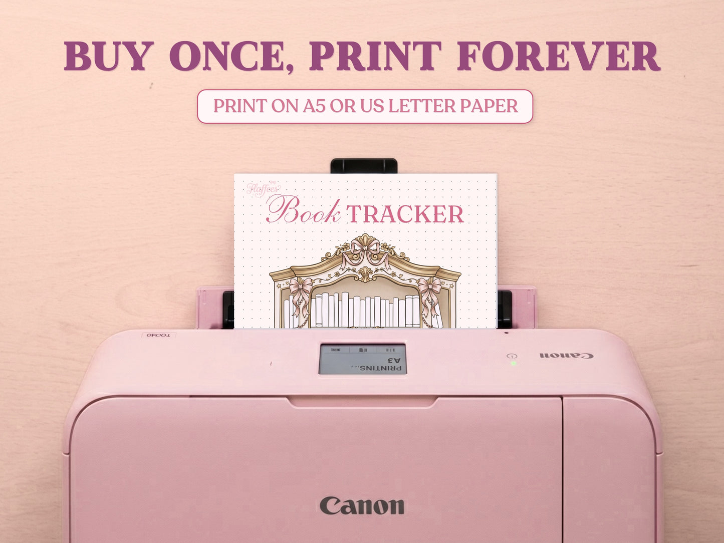 A white tablet showing the vintage book cabinet tracker page for a digital bullet journal, accompanied by a white stylus with a pink bow. The text at the top reads 'PERFECT FOR DIGITAL USE' against a textured pink background.
