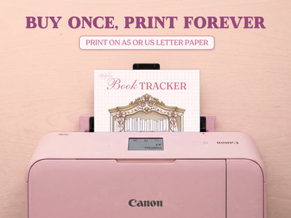 A white tablet showing the vintage book cabinet tracker page for a digital bullet journal, accompanied by a white stylus with a pink bow. The text at the top reads 'PERFECT FOR DIGITAL USE' against a textured pink background.