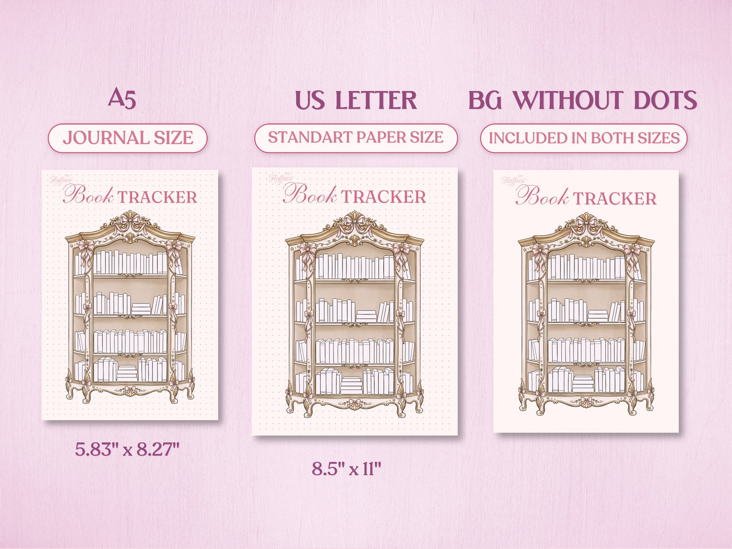 Technical layout showing the vintage book shelf tracker page for a bullet journal in A5 (Journal Size) and US Letter (Standard Paper Size). Includes a preview of the 'BG WITHOUT DOTS' version on a soft pink background.