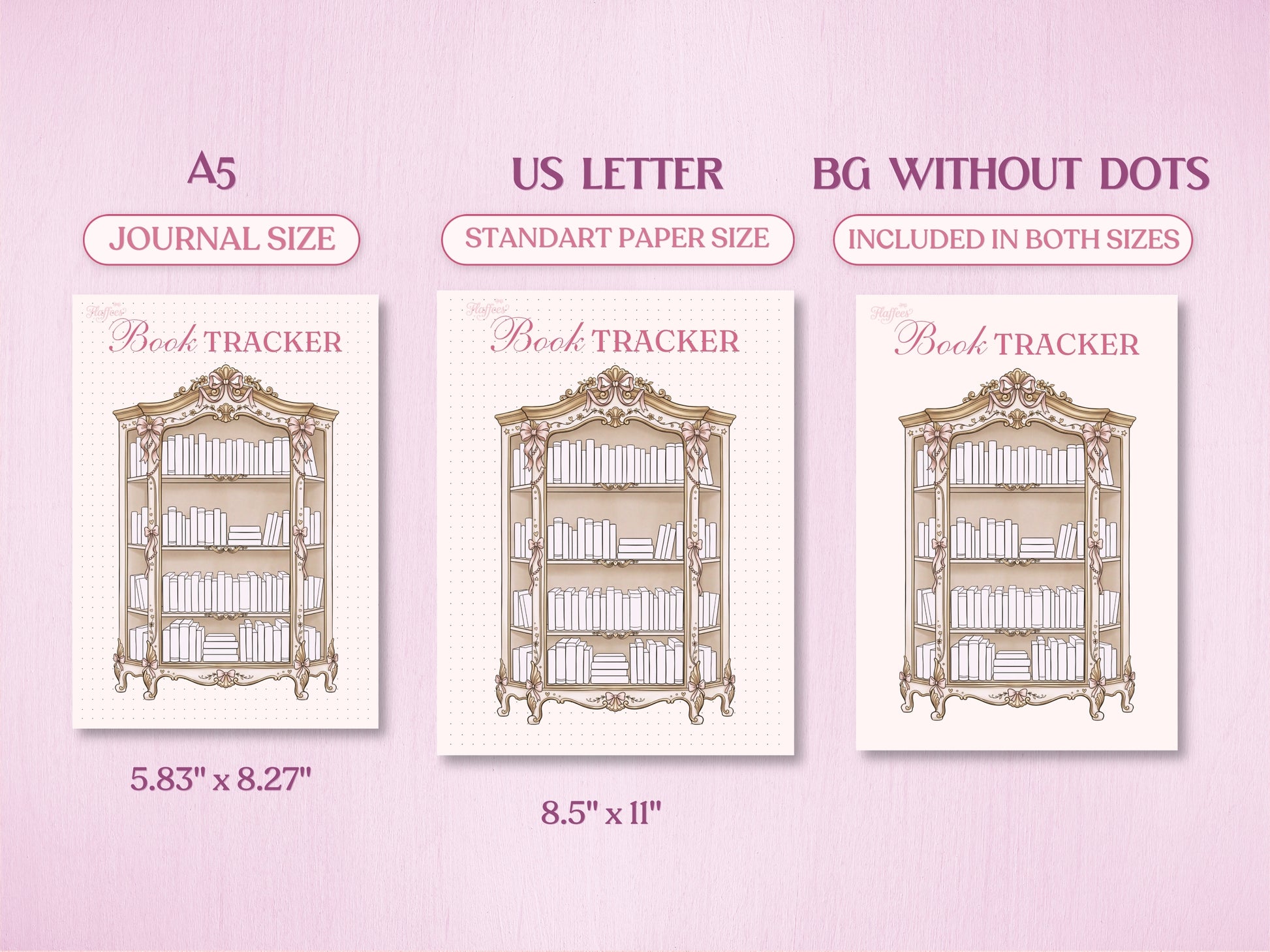 Technical layout showing the vintage book shelf tracker page for a bullet journal in A5 (Journal Size) and US Letter (Standard Paper Size). Includes a preview of the 'BG WITHOUT DOTS' version on a soft pink background.