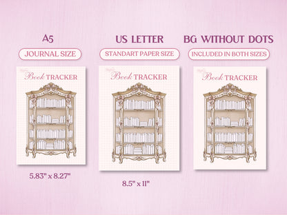 Technical layout showing the vintage book shelf tracker page for a bullet journal in A5 (Journal Size) and US Letter (Standard Paper Size). Includes a preview of the 'BG WITHOUT DOTS' version on a soft pink background.