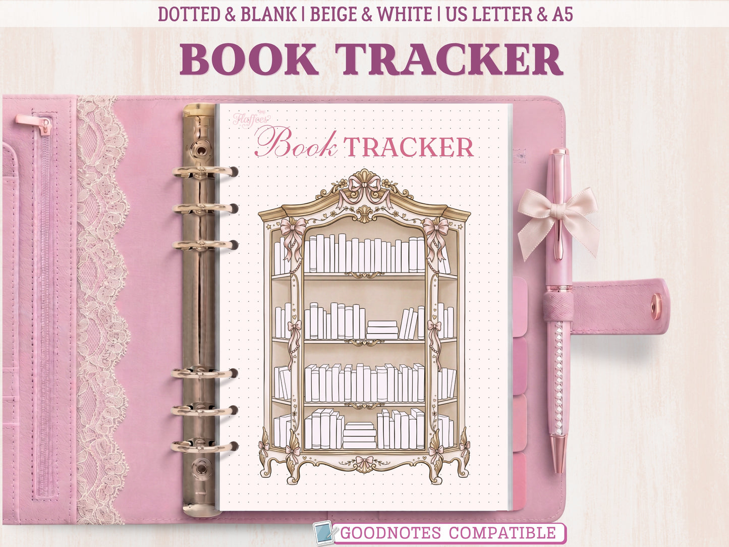 A bullet journal book tracker insert displayed inside an open pink leather binder decorated with lace. The template features a beautiful vintage-style wooden cabinet illustration with shelves filled with blank books to color in. Labeled as GoodNotes compatible.