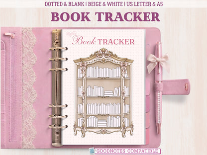A bullet journal book tracker insert displayed inside an open pink leather binder decorated with lace. The template features a beautiful vintage-style wooden cabinet illustration with shelves filled with blank books to color in. Labeled as GoodNotes compatible.