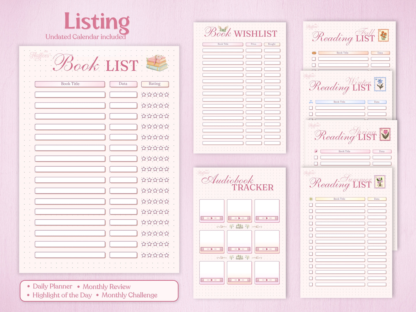Reading Journal section with a main Book List, seasonal reading lists for Fall, Winter, Spring, and Summer, and a dedicated Audiobook tracker. Features cute book stacks and seasonal stamps in a pastel pink theme.