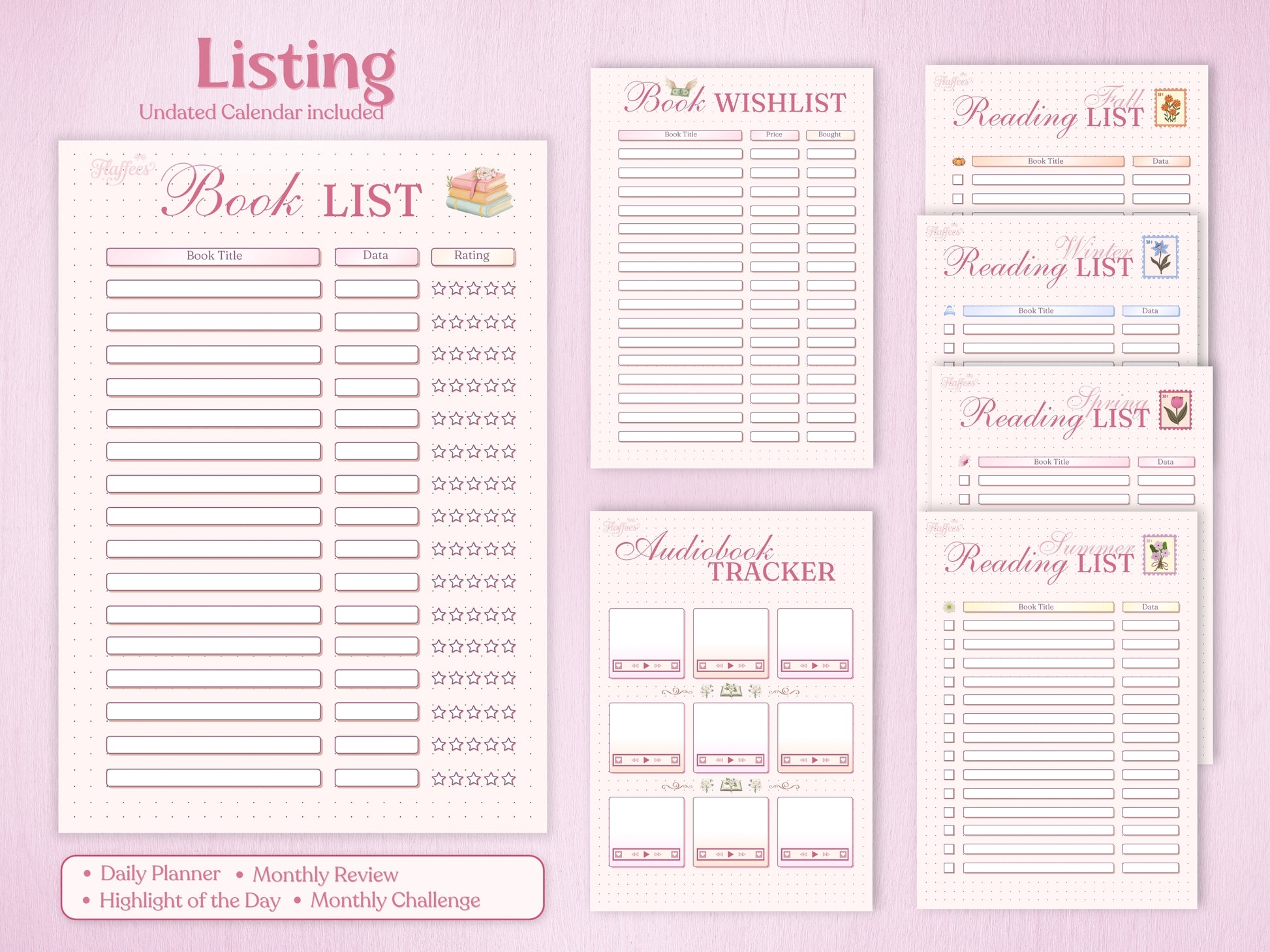 Reading Journal section with a main Book List, seasonal reading lists for Fall, Winter, Spring, and Summer, and a dedicated Audiobook tracker. Features cute book stacks and seasonal stamps in a pastel pink theme.