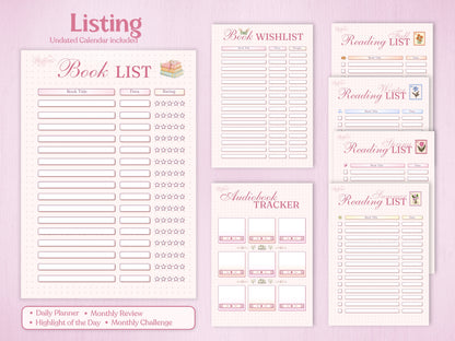 Reading Journal section with a main Book List, seasonal reading lists for Fall, Winter, Spring, and Summer, and a dedicated Audiobook tracker. Features cute book stacks and seasonal stamps in a pastel pink theme.