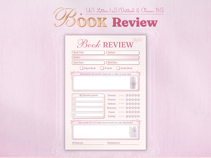 Aesthetic pink book review journal page with detailed sections. Features fields for title, author, genre, dates, book format (paper, e-book, audio), and a large summary box. Includes unique 5-star ratings for key elements like Tension, Romance, Funny, and Sadness, plus 'Favorite Quotes' and overall rating. Dotted background.