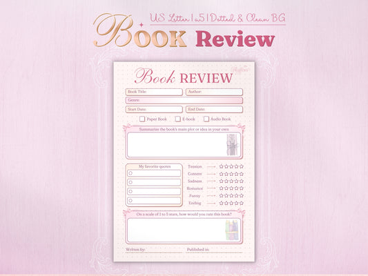 Aesthetic pink book review journal page with detailed sections. Features fields for title, author, genre, dates, book format (paper, e-book, audio), and a large summary box. Includes unique 5-star ratings for key elements like Tension, Romance, Funny, and Sadness, plus 'Favorite Quotes' and overall rating. Dotted background.