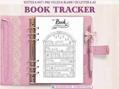 A bullet journal book tracker insert displayed inside an open pink leather binder decorated with lace. The template features a black and white line-art illustration of an arched bookshelf adorned with hanging lightbulbs, bows, floral pots, and rows of blank books to color in. Labeled as GoodNotes compatible.