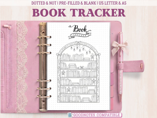 A bullet journal book tracker insert displayed inside an open pink leather binder decorated with lace. The template features a black and white line-art illustration of an arched bookshelf adorned with hanging lightbulbs, bows, floral pots, and rows of blank books to color in. Labeled as GoodNotes compatible.