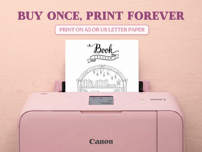 A printable arched bookshelf tracker template coming out of a pastel pink Canon printer on a light wood desk layout. The promotional text features 'BUY ONCE, PRINT FOREVER' and 'PRINT ON A5 OR US LETTER PAPER' to highlight its printable features for a bullet journal.