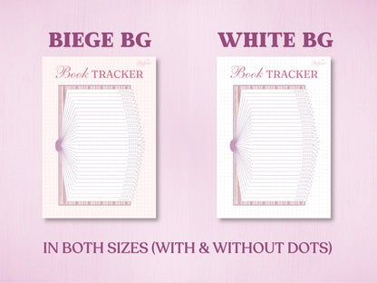 Product presentation layout showing two background color variants for the fan-style book tracker page in a bullet journal: Beige Background (Beige BG) and White Background (White BG). Labeled with a text note at the bottom reading 'IN BOTH SIZES (WITH & WITHOUT DOTS)'.