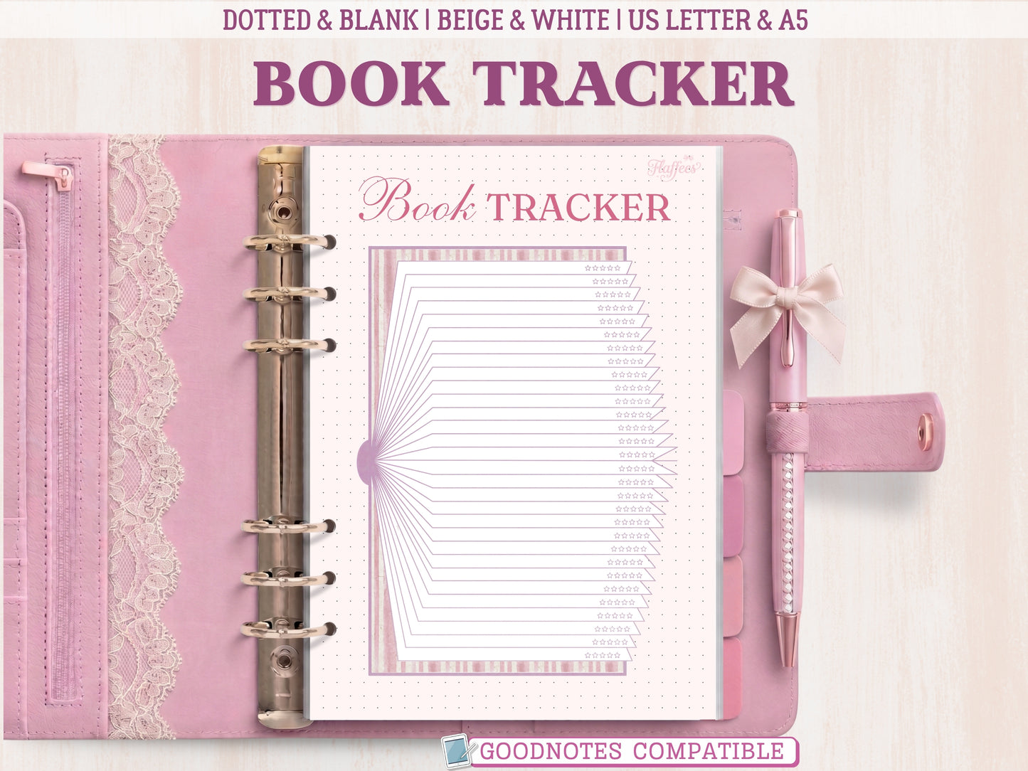 A bullet journal book tracker insert displayed inside an open pink leather binder decorated with lace. The template features a unique aesthetic design resembling a large fan or layers of stacked book pages, each layer ending with a 5-star rating icon. Soft pink accents on a dotted background, labeled as GoodNotes compatible.