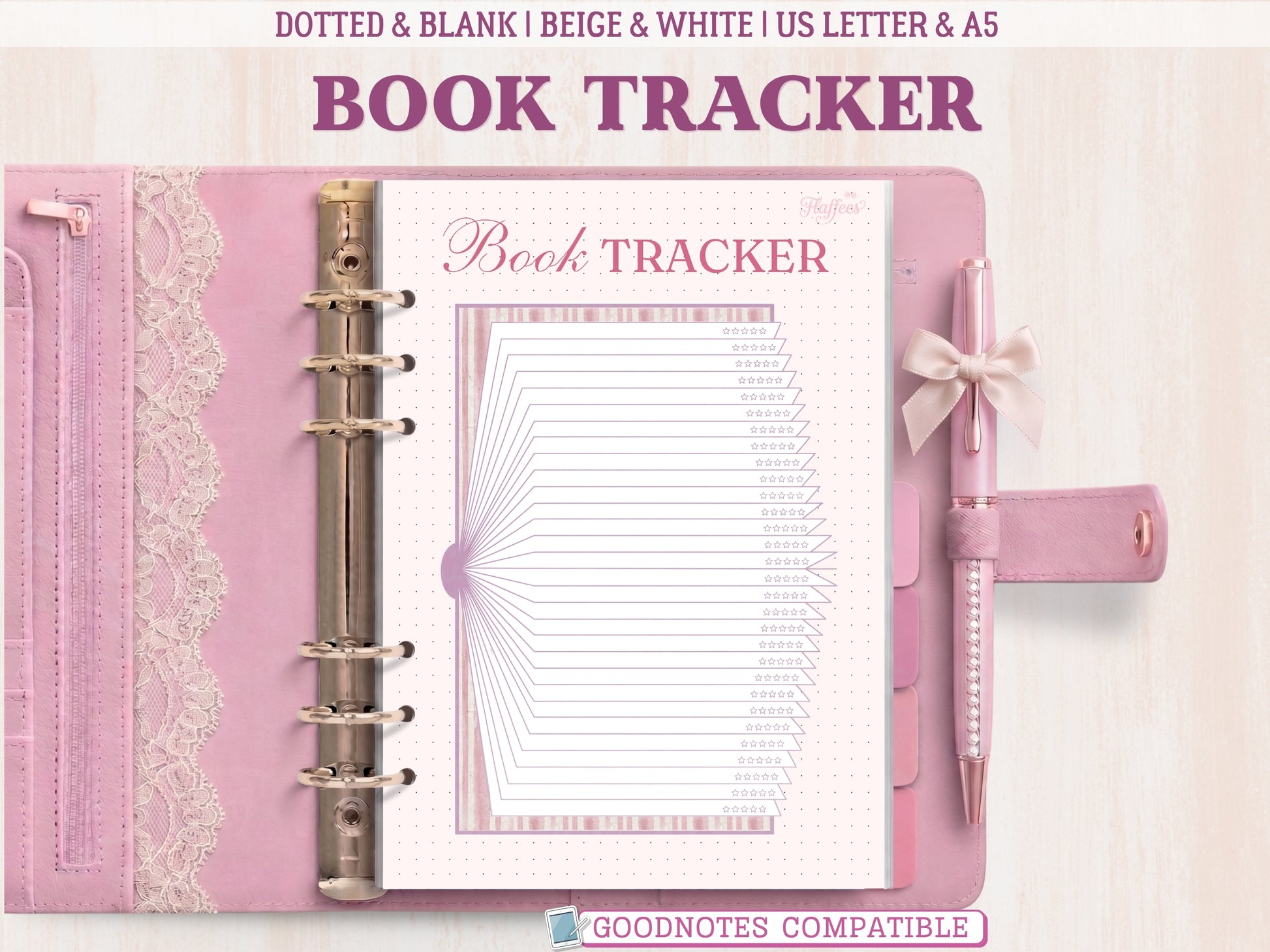 A bullet journal book tracker insert displayed inside an open pink leather binder decorated with lace. The template features a unique aesthetic design resembling a large fan or layers of stacked book pages, each layer ending with a 5-star rating icon. Soft pink accents on a dotted background, labeled as GoodNotes compatible.