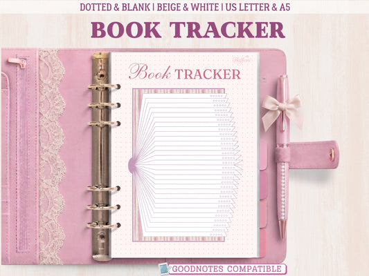 A bullet journal book tracker insert displayed inside an open pink leather binder decorated with lace. The template features a unique aesthetic design resembling a large fan or layers of stacked book pages, each layer ending with a 5-star rating icon. Soft pink accents on a dotted background, labeled as GoodNotes compatible.