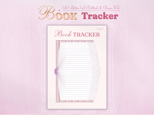 Book tracker page with an aesthetic open book spine layout. Each horizontal line of the page extends to a spine with five stars, allowing for tracking titles, ratings, and progress for 28 books. Soft pink and burgundy design with a dotted background for a classic bullet journal look.