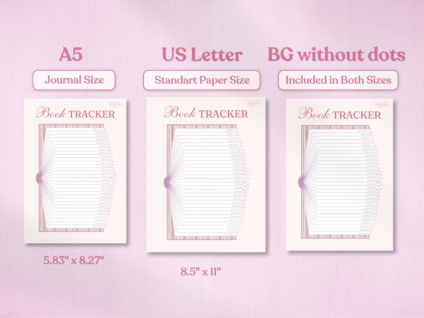 Technical preview of the book tracker in A5 and US Letter sizes. The image also demonstrates the 'BG without dots' version, providing a clean white background option for both sizes. Soft pink aesthetic with the open book layout.
