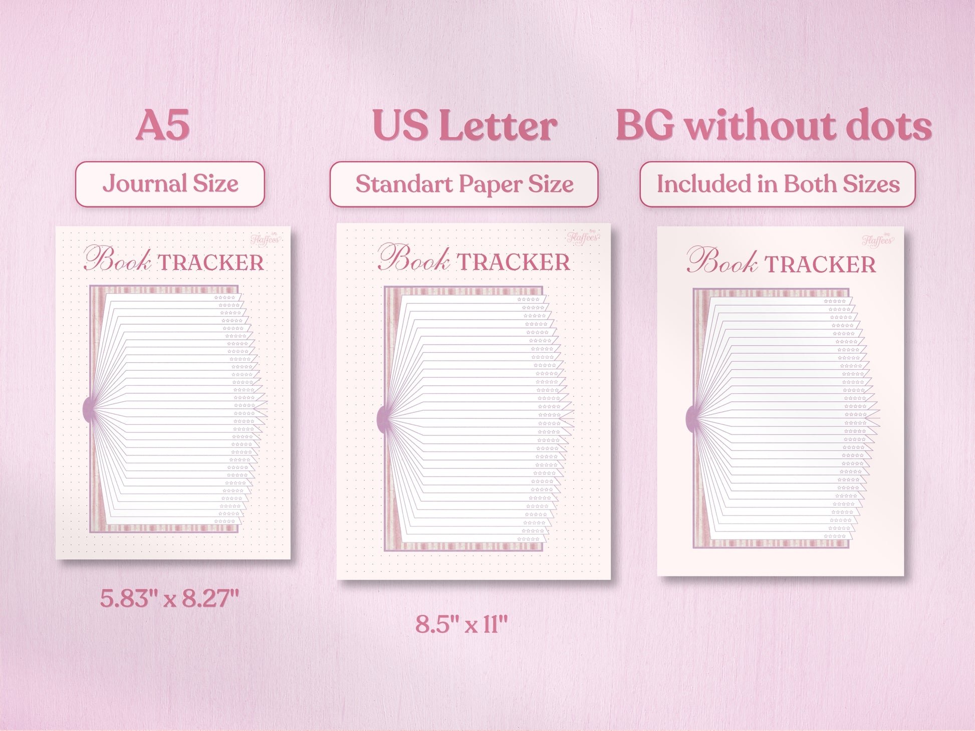 Technical preview of the book tracker in A5 and US Letter sizes. The image also demonstrates the 'BG without dots' version, providing a clean white background option for both sizes. Soft pink aesthetic with the open book layout.