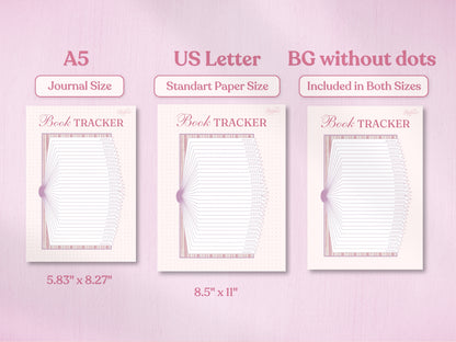 Technical preview of the book tracker in A5 and US Letter sizes. The image also demonstrates the 'BG without dots' version, providing a clean white background option for both sizes. Soft pink aesthetic with the open book layout.