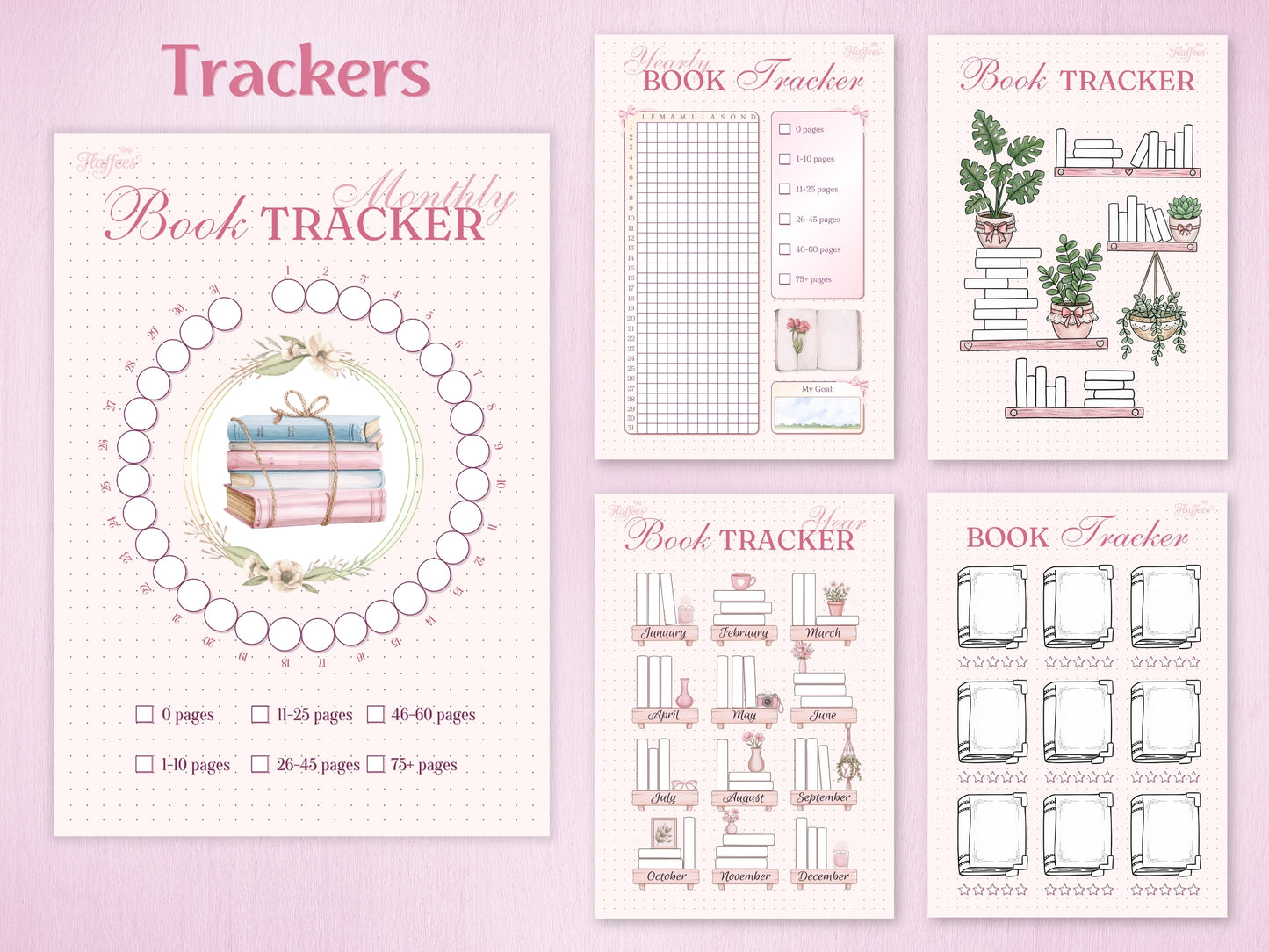 A variety of reading trackers: a circular monthly book tracker, a yearly grid tracker, an aesthetic bookshelf illustration to color in, and a library-style book log. Soft pink design with floral and indoor plant accents.