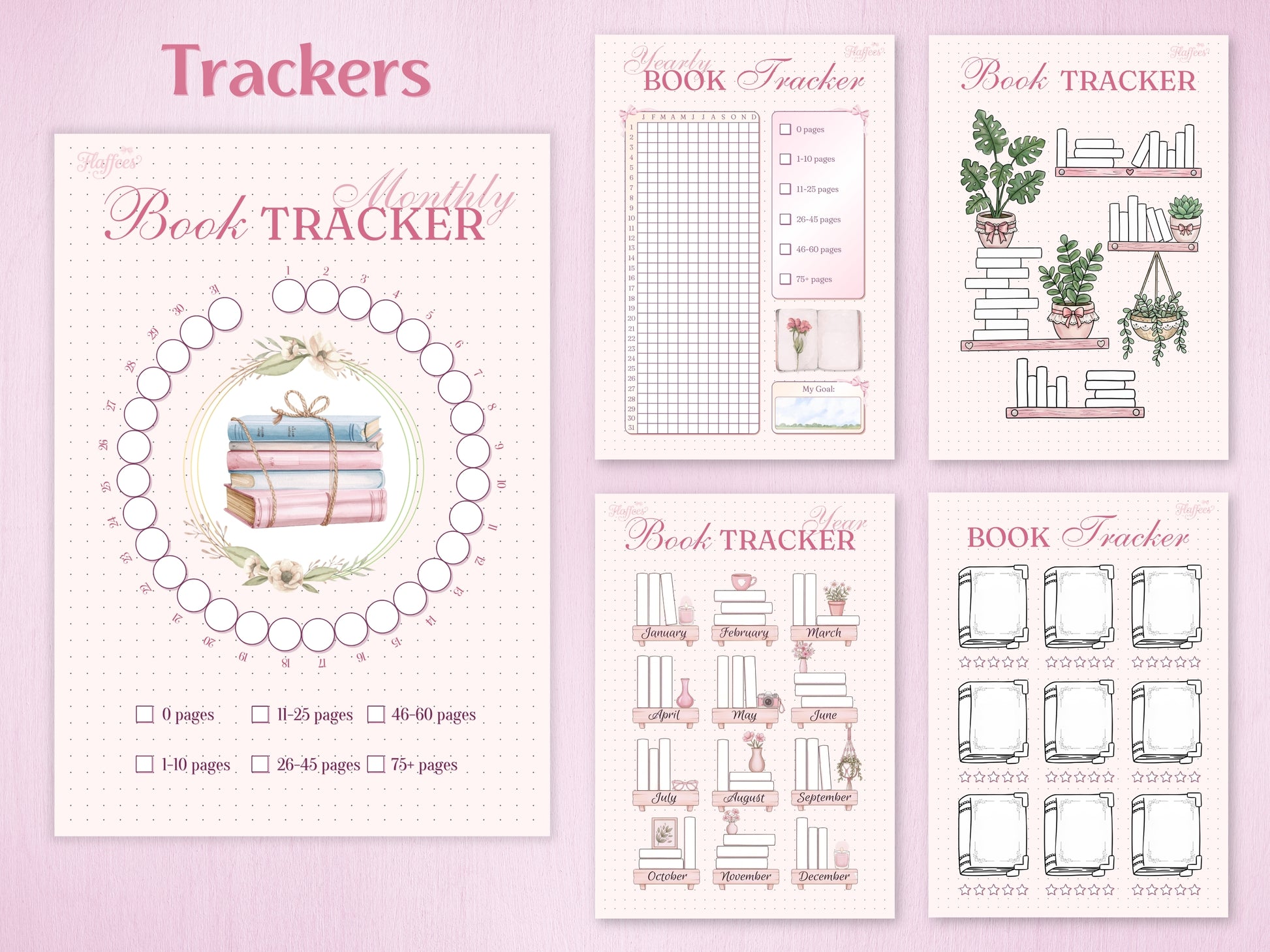 A variety of reading trackers: a circular monthly book tracker, a yearly grid tracker, an aesthetic bookshelf illustration to color in, and a library-style book log. Soft pink design with floral and indoor plant accents.