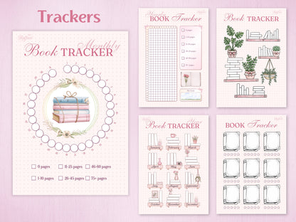 A variety of reading trackers: a circular monthly book tracker, a yearly grid tracker, an aesthetic bookshelf illustration to color in, and a library-style book log. Soft pink design with floral and indoor plant accents.