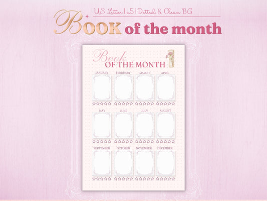 Yearly 'Book of the Month' tracker page featuring twelve aesthetic frames for each month of the year. Each frame includes a 5-star rating system below it. Decorated with a delicate scroll and flower illustration in the corner. Classic bullet journal dotted background in a soft pink palette.