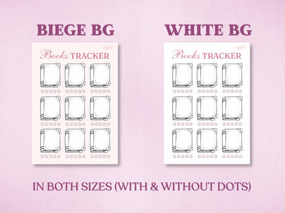 Product presentation layout showing two background color variants for the books log page in a bullet journal: Beige Background (Beige BG) and White Background (White BG). Includes a text note at the bottom reading 'IN BOTH SIZES (WITH & WITHOUT DOTS)'.