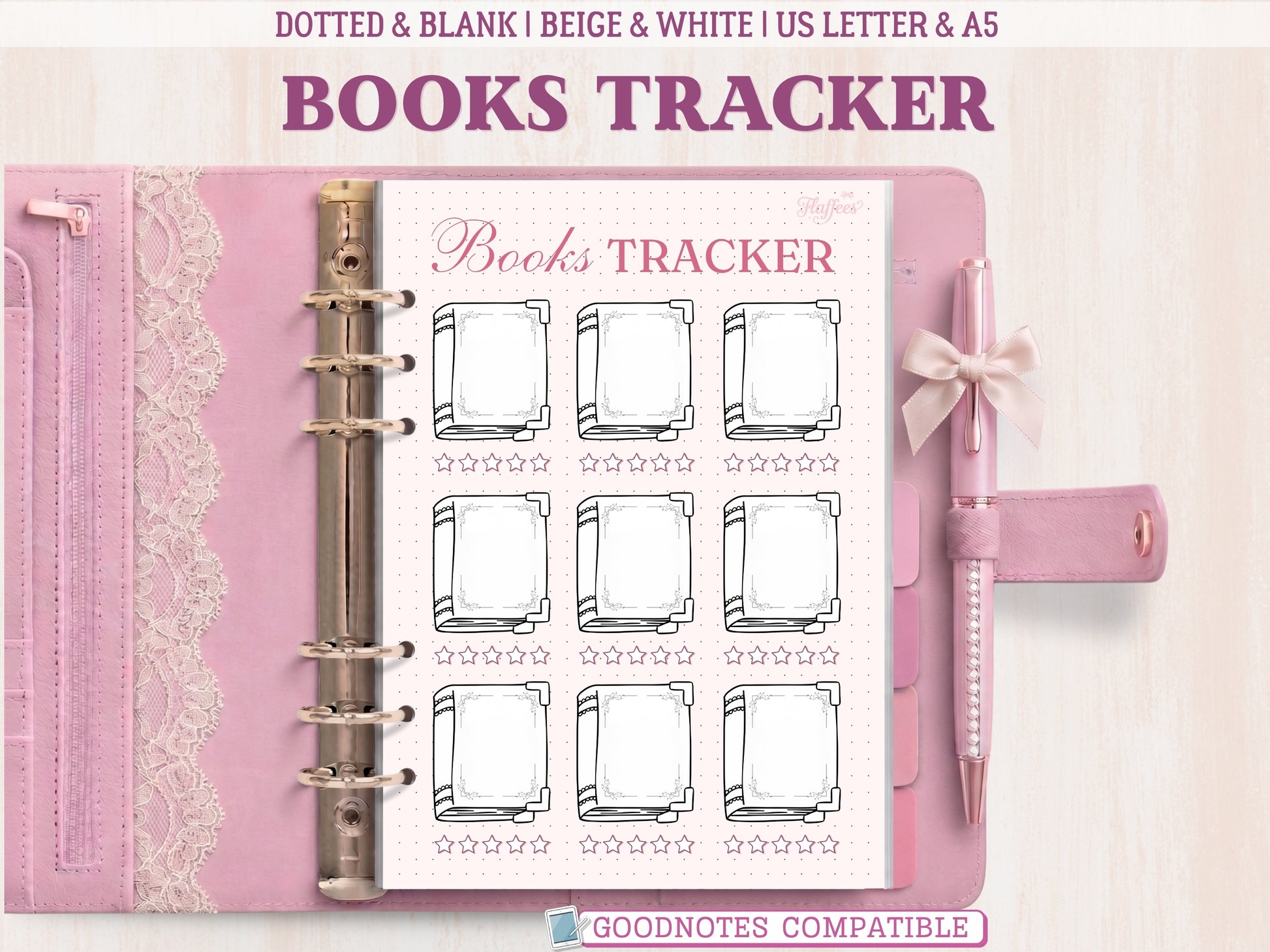 A bullet journal book tracker insert displayed inside an open pink leather binder decorated with lace. The template features nine beautifully illustrated blank book icons arranged in a grid, each with a 5-star rating scale underneath. Soft pink accents on a dotted background, labeled as GoodNotes compatible.