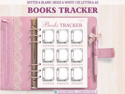 A bullet journal book tracker insert displayed inside an open pink leather binder decorated with lace. The template features nine beautifully illustrated blank book icons arranged in a grid, each with a 5-star rating scale underneath. Soft pink accents on a dotted background, labeled as GoodNotes compatible.