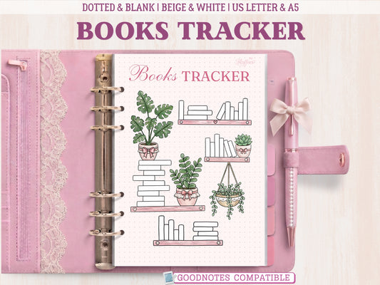 Books tracker page for a bullet journal displayed inside a pastel pink leather binder with lace details and a matching bow pen. Features an aesthetic illustration of wooden shelves with blank books, potted green plants with pink bows, and a hanging basket planter on a dotted grid background. Top banner highlights 'US Letter & A5' options.