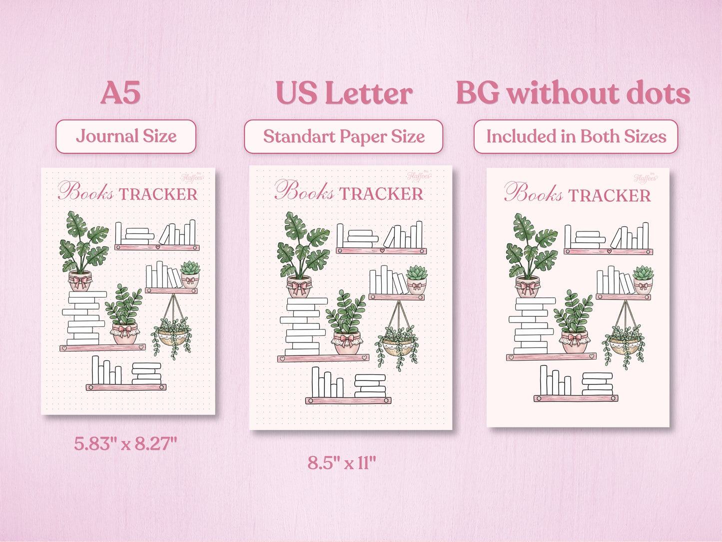 Comparison of the bookshelf tracker in A5 and US Letter sizes. The image also showcases the 'BG without dots' version, offering a clean white background option for a minimalist look. Decorated with hand-drawn plants and books.