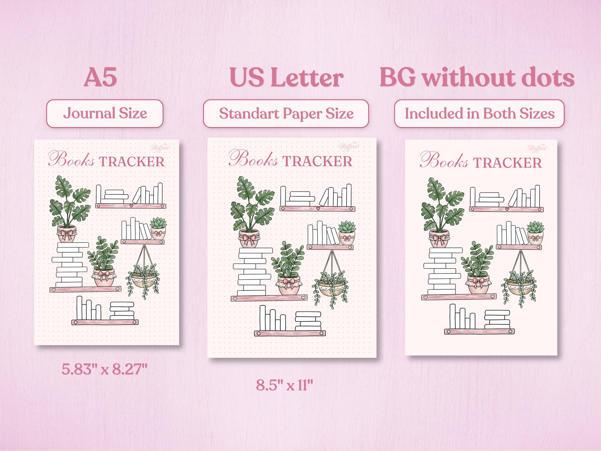 Comparison of the bookshelf tracker in A5 and US Letter sizes. The image also showcases the 'BG without dots' version, offering a clean white background option for a minimalist look. Decorated with hand-drawn plants and books.