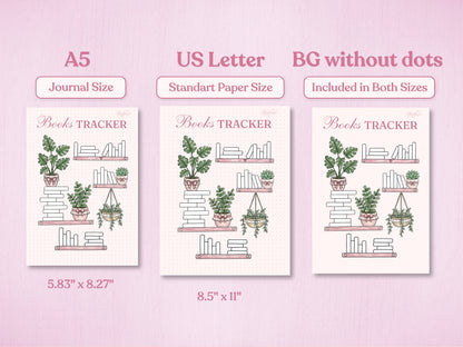 Comparison of the bookshelf tracker in A5 and US Letter sizes. The image also showcases the 'BG without dots' version, offering a clean white background option for a minimalist look. Decorated with hand-drawn plants and books.