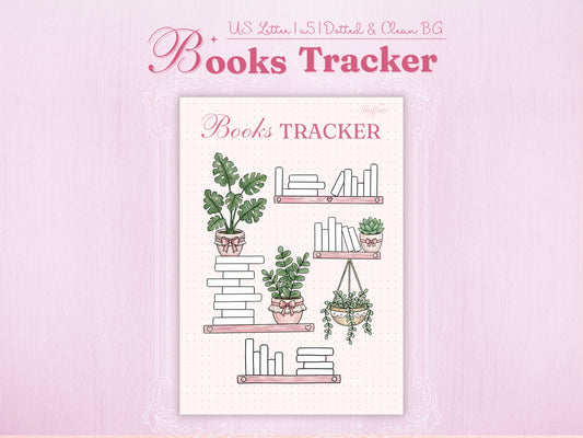 Bookshelf tracker page featuring aesthetic illustrations of bookshelves, indoor plants in pots with pink bows, and blank book spines to color in. Soft pink aesthetic with a dotted background, suitable for both print and digital bullet journals.