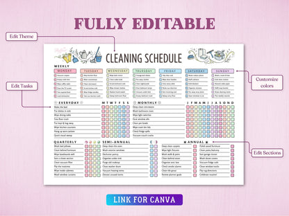 A guide showing the customizable features of the cleaning schedule spreadsheet layout chart. Callouts indicate 'Edit Theme', 'Edit Tasks', 'Customize colors', and 'Edit Sections' with a blue bottom button titled 'Link for Canva'.