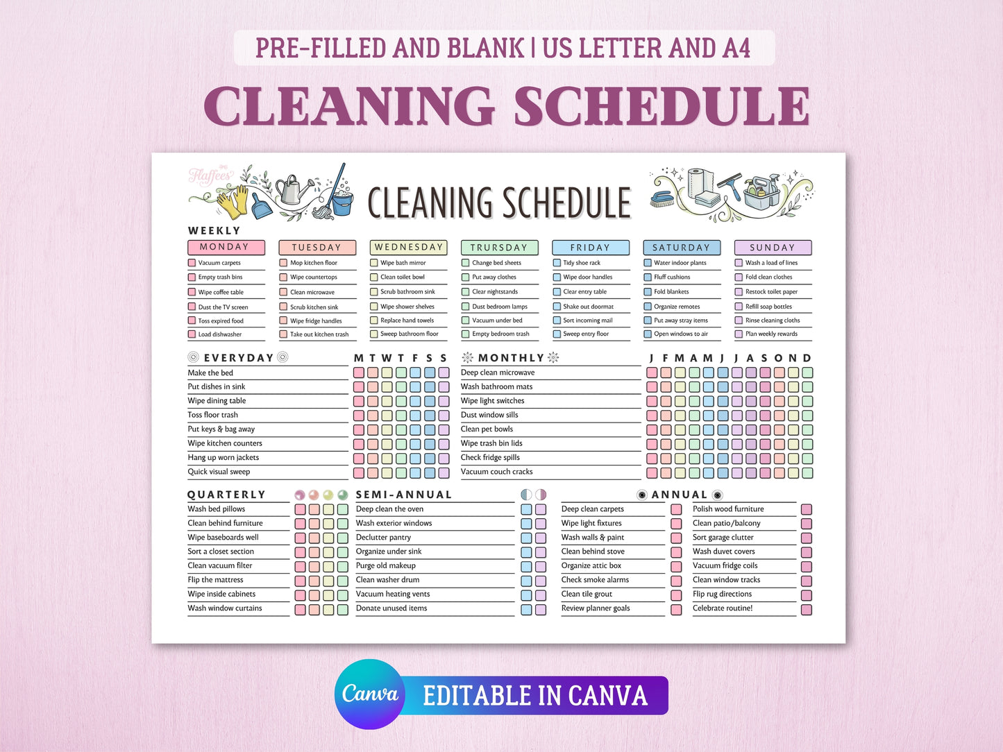 Main cover image for an editable cleaning schedule layout chart template. Top banner says 'Pre-filled and Blank, US Letter and A4'. Bottom purple banner displays a blue Canva logo and says 'Editable in Canva'. Colorful organized task design with cleaning doodles.