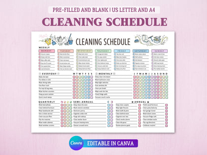 Main cover image for an editable cleaning schedule layout chart template. Top banner says 'Pre-filled and Blank, US Letter and A4'. Bottom purple banner displays a blue Canva logo and says 'Editable in Canva'. Colorful organized task design with cleaning doodles.