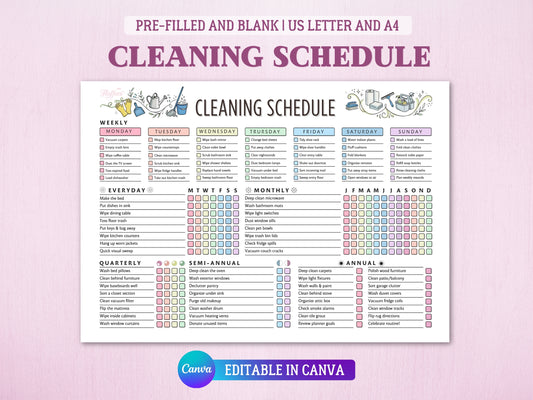 Main cover image for an editable cleaning schedule layout chart template. Top banner says 'Pre-filled and Blank, US Letter and A4'. Bottom purple banner displays a blue Canva logo and says 'Editable in Canva'. Colorful organized task design with cleaning doodles.