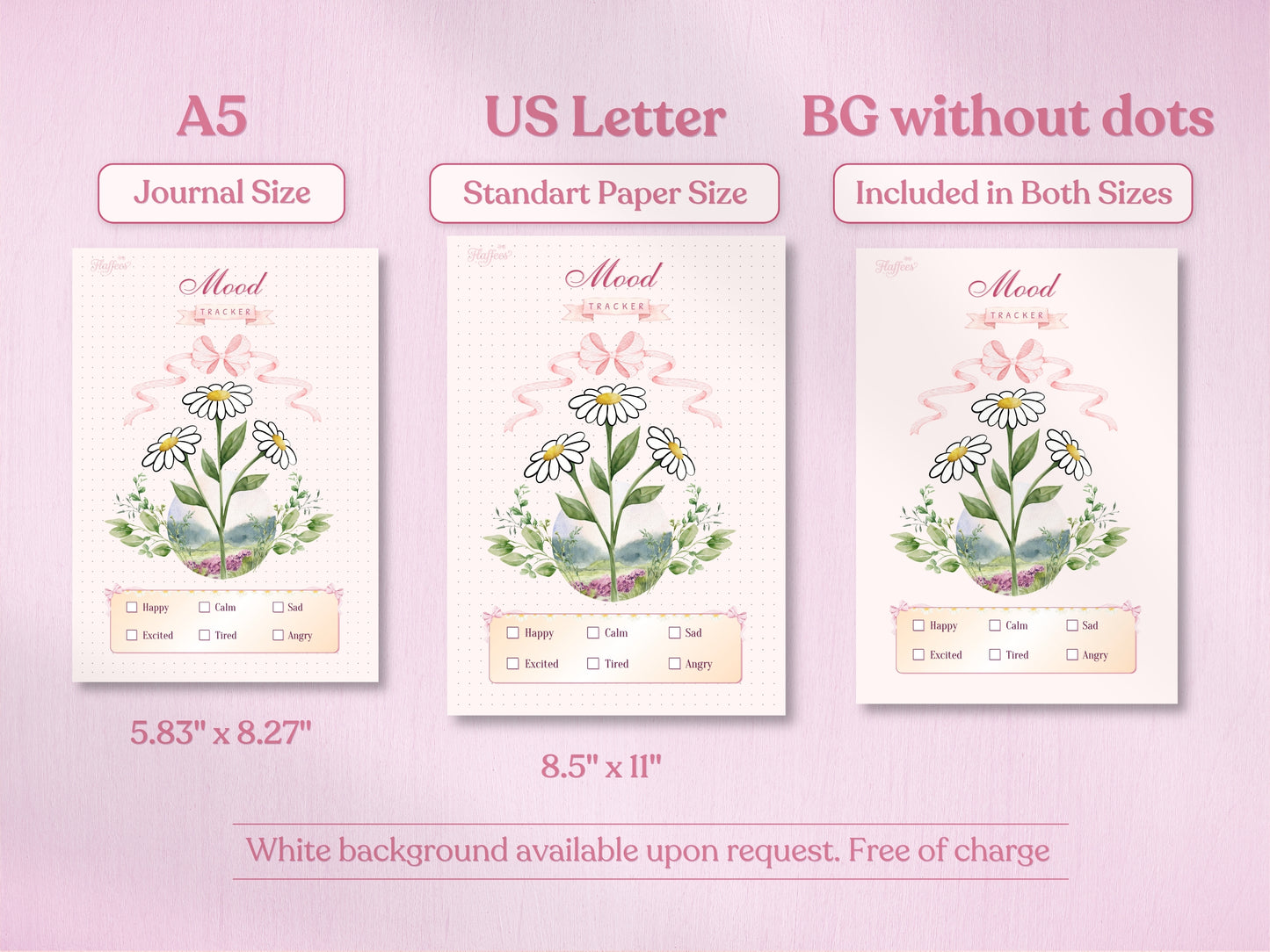 A technical overview of the daisy mood tracker showcasing A5 and US Letter formats. The image highlights the availability of both the classic dotted bullet journal layout and the 'BG without dots' version for a clean, minimalist look. Soft pastel pink aesthetic.