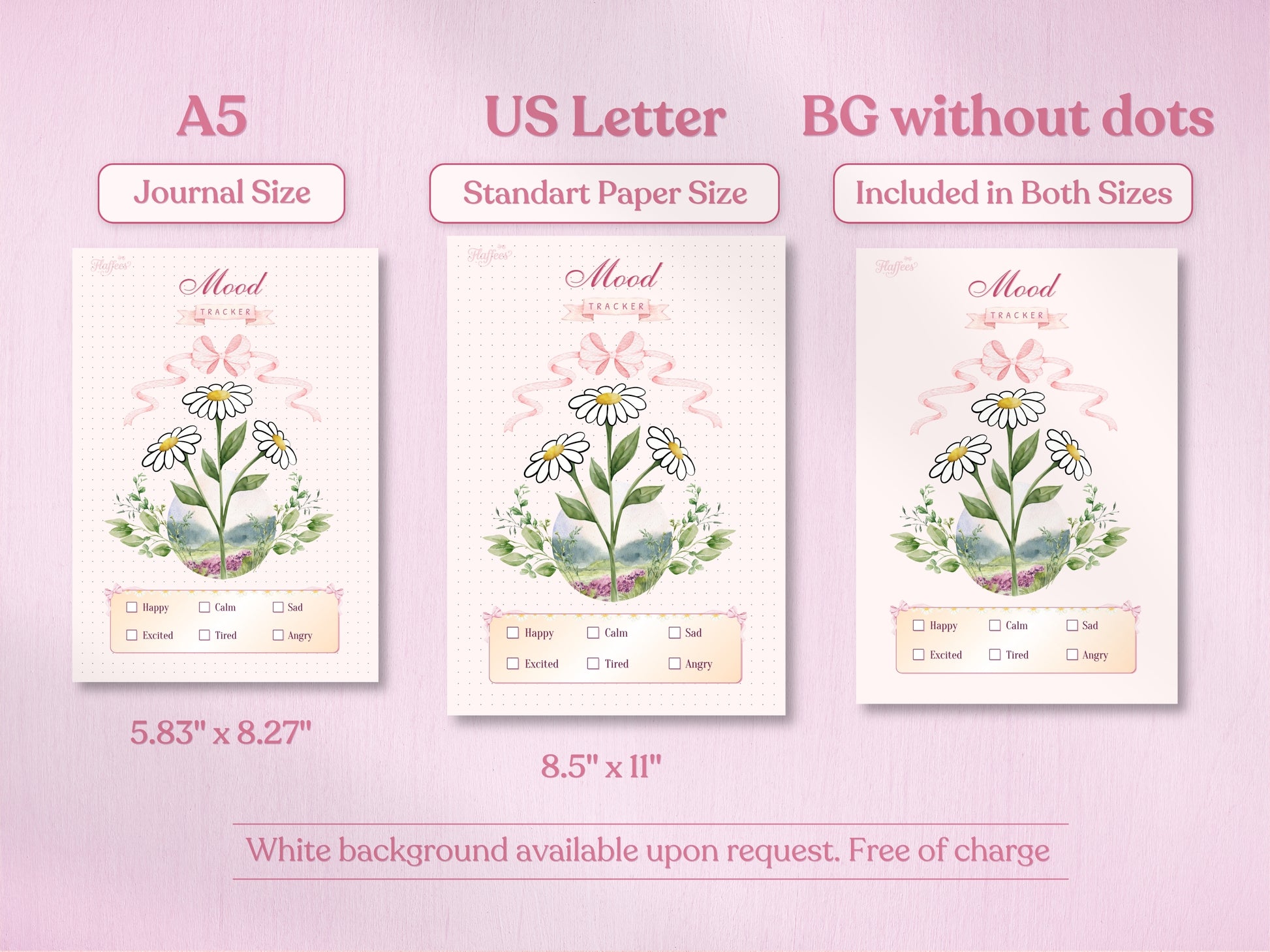 A technical overview of the daisy mood tracker showcasing A5 and US Letter formats. The image highlights the availability of both the classic dotted bullet journal layout and the 'BG without dots' version for a clean, minimalist look. Soft pastel pink aesthetic.