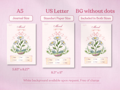 A technical overview of the daisy mood tracker showcasing A5 and US Letter formats. The image highlights the availability of both the classic dotted bullet journal layout and the 'BG without dots' version for a clean, minimalist look. Soft pastel pink aesthetic.