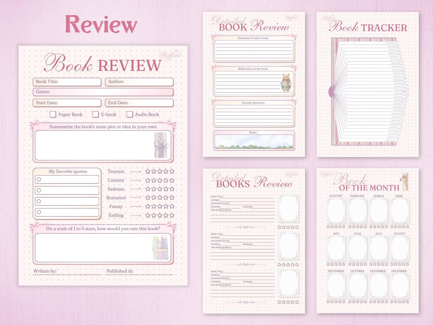 Book review section featuring detailed rating scales for tension, romance, and humor. Includes a 'Book of the Month' calendar and a creative tracker shaped like an open book. Aesthetic layout with bear and flower illustrations.