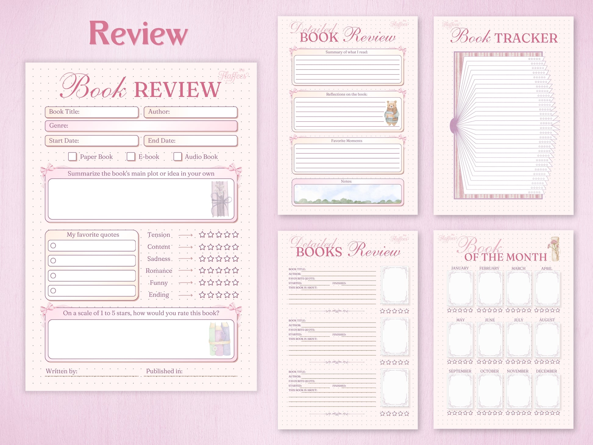 Book review section featuring detailed rating scales for tension, romance, and humor. Includes a 'Book of the Month' calendar and a creative tracker shaped like an open book. Aesthetic layout with bear and flower illustrations.