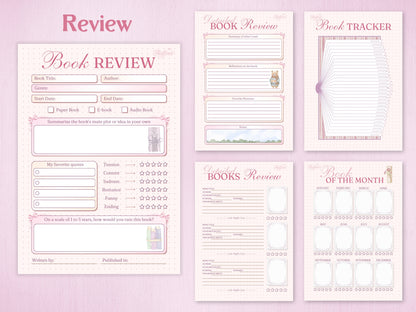 Book review section featuring detailed rating scales for tension, romance, and humor. Includes a 'Book of the Month' calendar and a creative tracker shaped like an open book. Aesthetic layout with bear and flower illustrations.